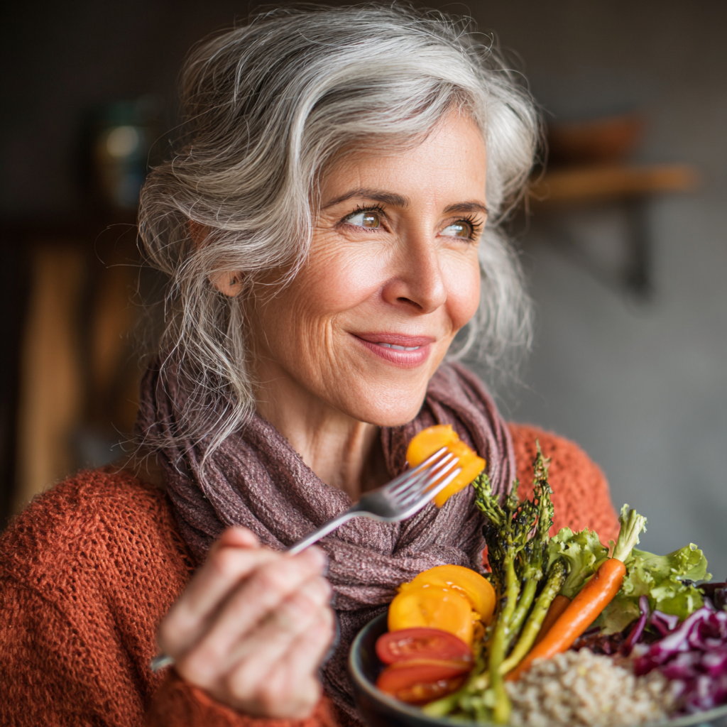 Mature adult enjoying a colorful healthy meal with fresh vegetables and grains