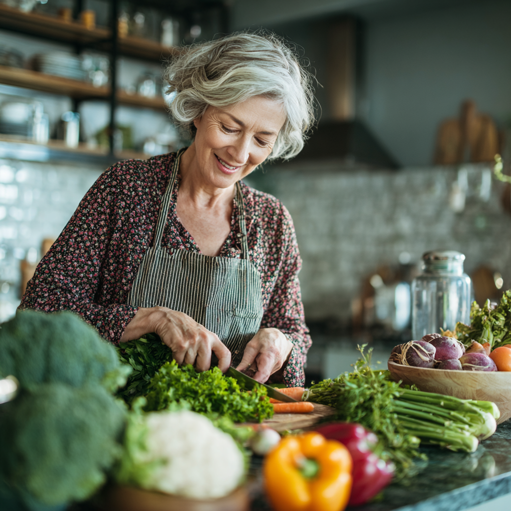 Middle-aged woman preparing fresh organic vegetables in a bright modern kitchen
